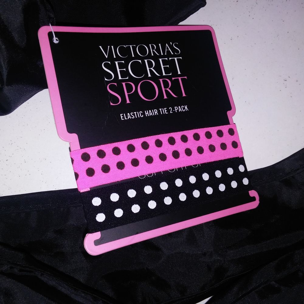 Victoria Secret Sport Tote Bag Nylon Black Neon Pink 2 Hair Ties 14" x 16" - Picture 7 of 11